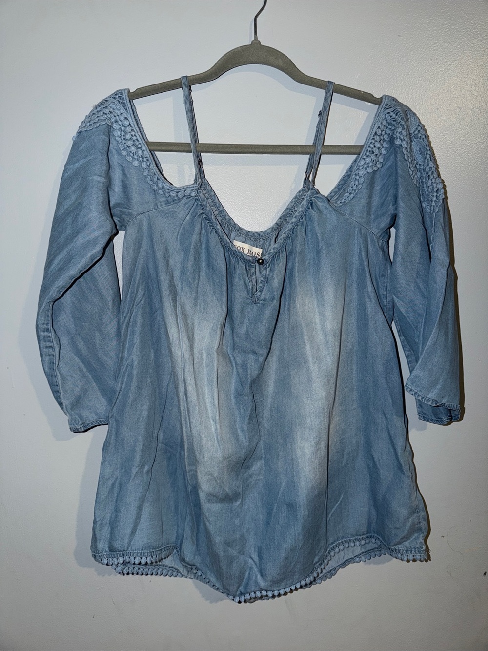 Light Denim Blouse with off the shoulder sleeves & lace detail